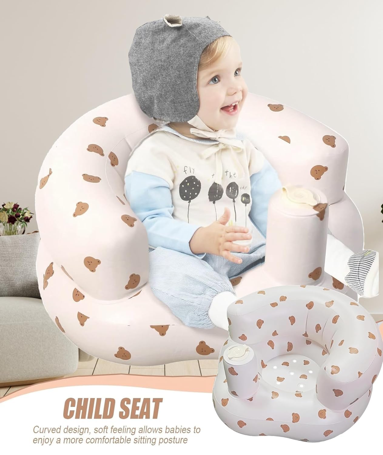 Inflatable Baby Support Seat with Built-in Air Pump - Soft Plush Infant Floor Chair with Backrest & Safety Support, Portable Sitting Trainer for Babies 3-36 Months | Feeding, Playtime & Travel Seat