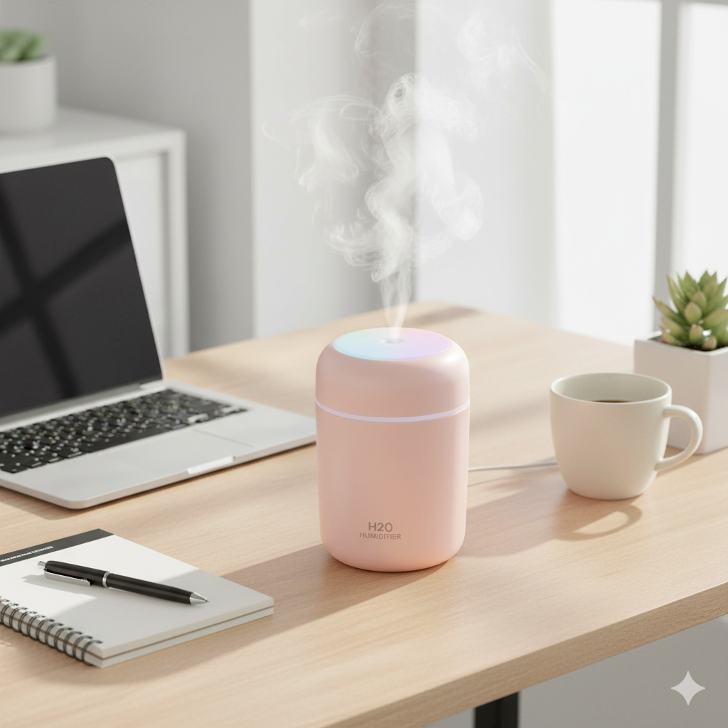 H2O Mini Cool Mist Humidifier for Bedroom, Car & Office | Portable USB Personal Air Humidifier & Aroma Diffuser with LED Night Light, Essential Oil Support