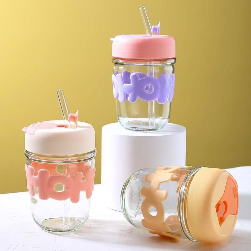 Cute Glass Cup with Straw and Lid, Mason Jar Tumbler for Kids & Teens, Reusable Smoothie Mug with Soft Silicone HOH Design, 350 ml, Ideal for Beverages and Juice
