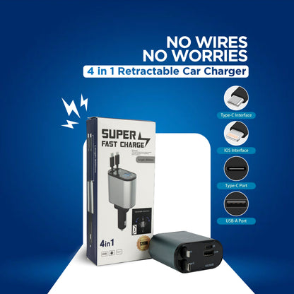 VELQORIN 120W 4 in 1 Retractable Car Charger, Super Fast Car Phone Charger, Retractable Cables & 2 USB Ports Car Adapter for Android Phones & iPhone