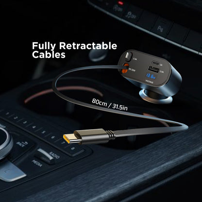 VELQORIN 120W 4 in 1 Retractable Car Charger, Super Fast Car Phone Charger, Retractable Cables & 2 USB Ports Car Adapter for Android Phones & iPhone
