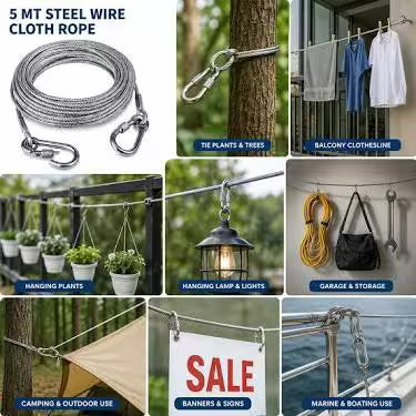 Heavy Duty Clothes Drying Rope 10 Meter with Hooks | Strong Steel Clothesline for Balcony, Bathroom, Travel & Camping | Rust-Resistant Durable Cloth Line for Indoor & Outdoor Use (Silver)