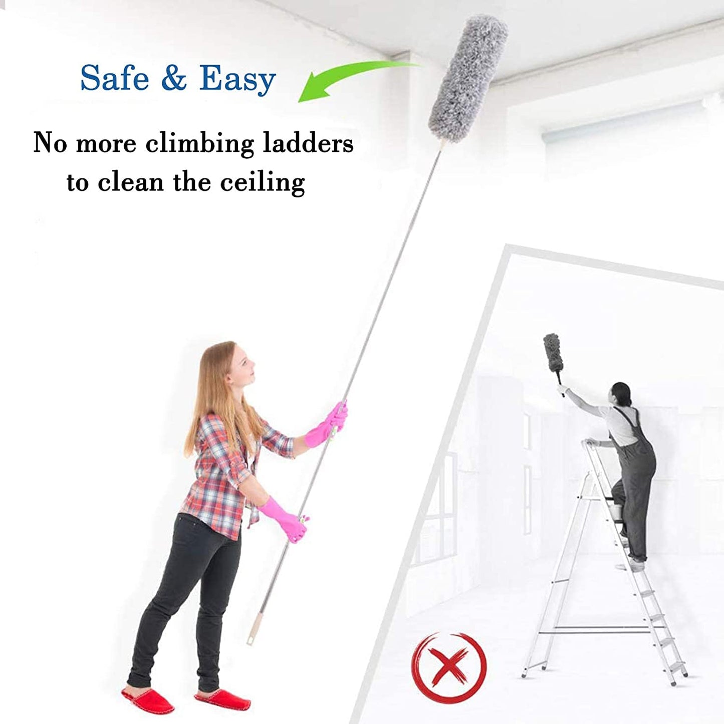 Microfiber Feather Duster Bendable & Extendable | Fan Cleaning Duster with 100 inches Expandable Pole Handle Washable Duster for High Ceiling Fans | Window Blinds | Furniture