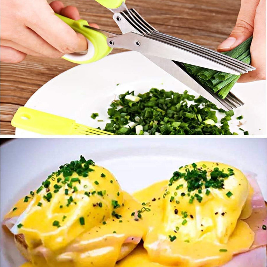 Multi-Function 5 Blade Vegetable Stainless Steel Herb Shredding Scissors | Cleaning Combo | Colour May Vary