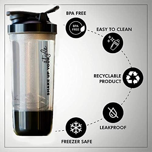 600ml Protein Shaker Bottle for Protein Mix with Storage Compartment and Stainless Steel Blender Ball for Pre/Post Workout Drinks, Gym, Cycling