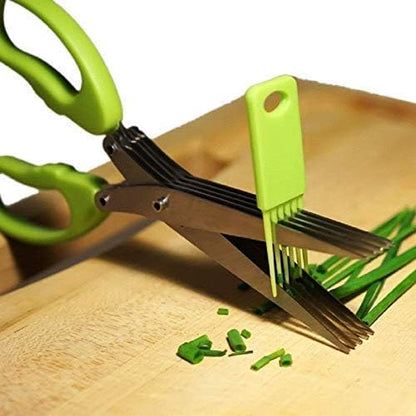 Multi-Function 5 Blade Vegetable Stainless Steel Herb Shredding Scissors | Cleaning Combo | Colour May Vary