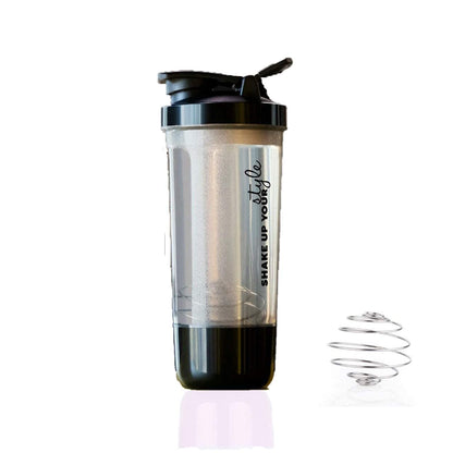 600ml Protein Shaker Bottle for Protein Mix with Storage Compartment and Stainless Steel Blender Ball for Pre/Post Workout Drinks, Gym, Cycling