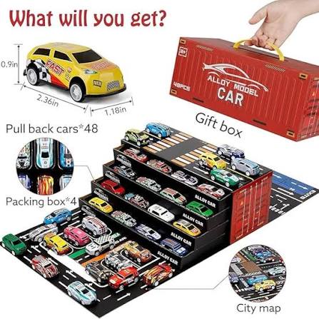 48-Piece Pull Back Car Set, Alloy Racing Car Toys, Bulk Metal Trucks Toy Vehicles Set,Mini Cars, Party Favors for Kids Boys & Girls Container Storage Box Cars for Kids