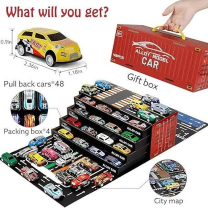 48-Piece Pull Back Car Set, Alloy Racing Car Toys, Bulk Metal Trucks Toy Vehicles Set,Mini Cars, Party Favors for Kids Boys & Girls Container Storage Box Cars for Kids