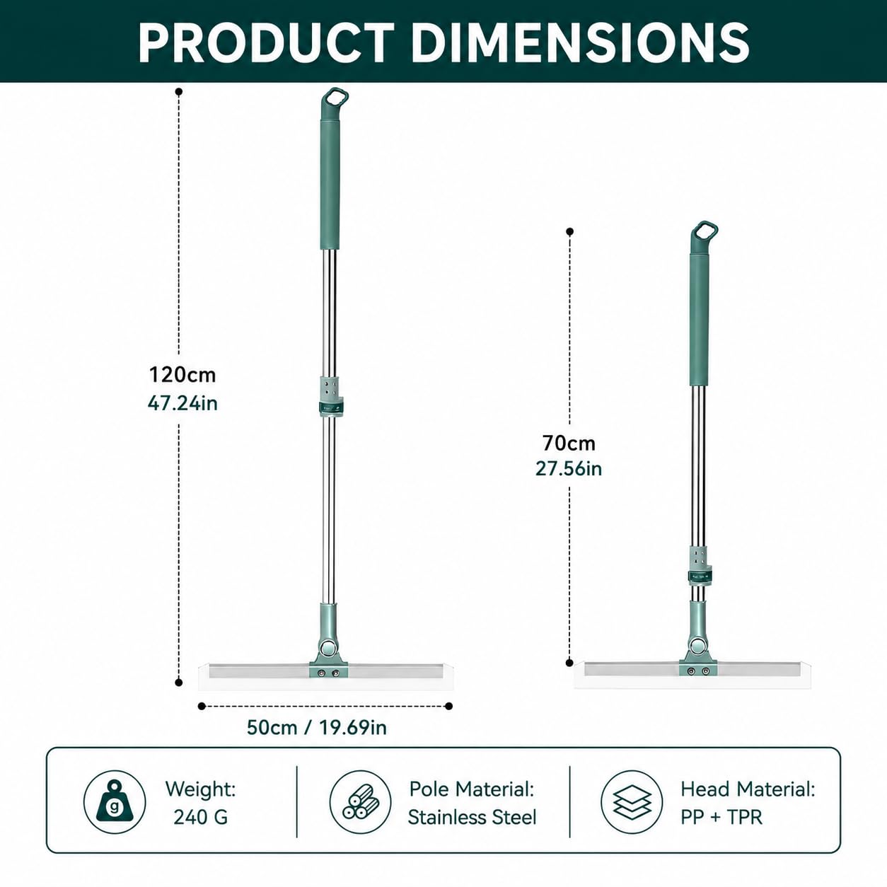Misamo Enterprise 50-Inch Rotating Floor Squeegee, Heavy Duty Bathroom Wiper with 180-Degree Swivel Head, Sage Green