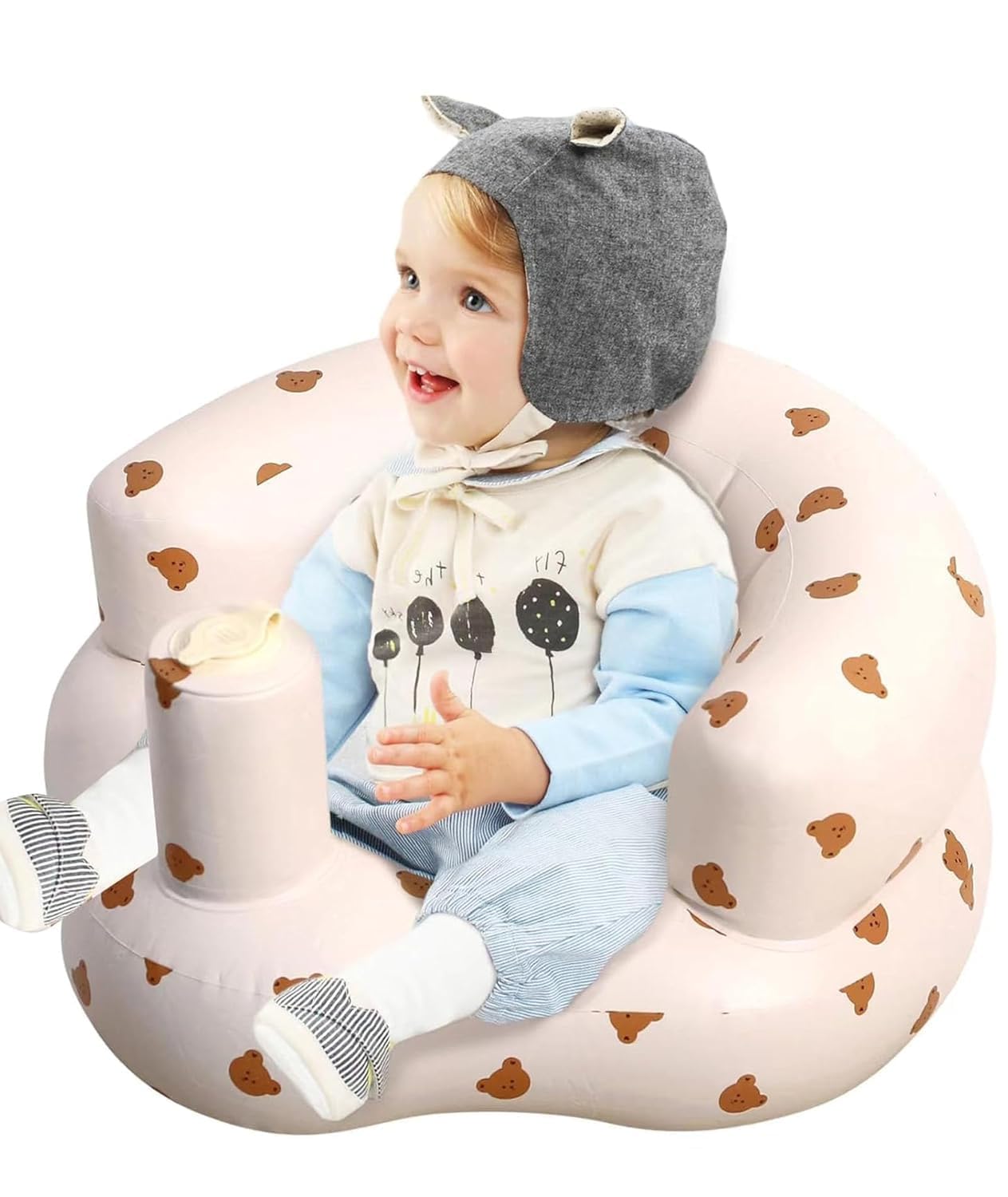 Inflatable Baby Support Seat with Built-in Air Pump - Soft Plush Infant Floor Chair with Backrest & Safety Support, Portable Sitting Trainer for Babies 3-36 Months | Feeding, Playtime & Travel Seat