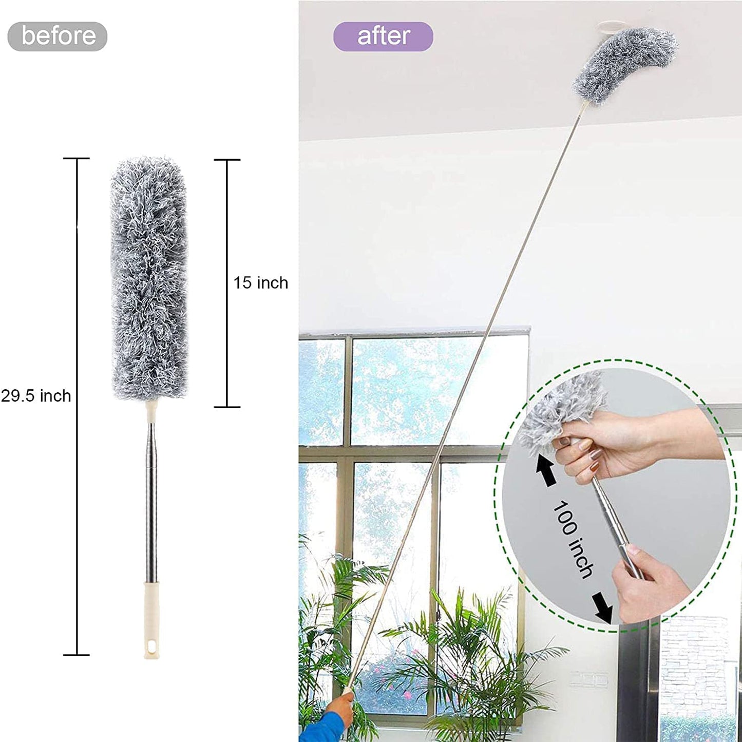 Microfiber Feather Duster Bendable & Extendable | Fan Cleaning Duster with 100 inches Expandable Pole Handle Washable Duster for High Ceiling Fans | Window Blinds | Furniture