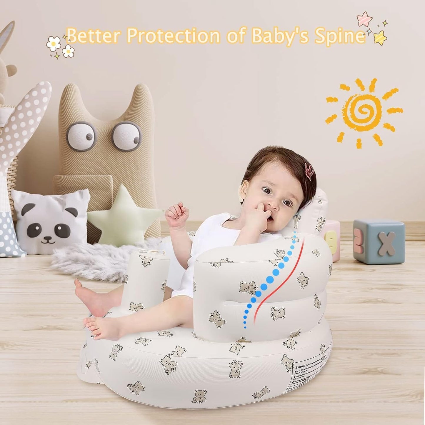 Inflatable Baby Support Seat with Built-in Air Pump - Soft Plush Infant Floor Chair with Backrest & Safety Support, Portable Sitting Trainer for Babies 3-36 Months | Feeding, Playtime & Travel Seat