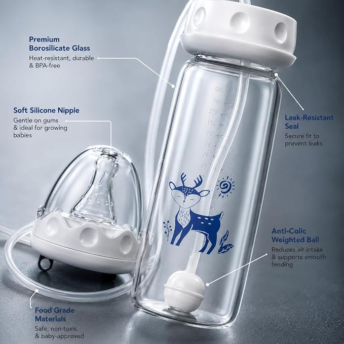 Hands-Free Baby Feeding Bottle 🍼👶 – Self-Feeding Straw Bottle with Anti-Colic Design, 150ml/240ml, BPA Free