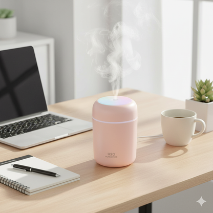 H2O Mini Cool Mist Humidifier for Bedroom, Car & Office | Portable USB Personal Air Humidifier & Aroma Diffuser with LED Night Light, Essential Oil Support
