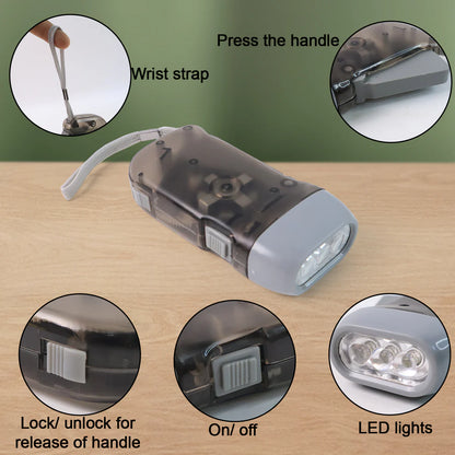 Hand Press Rechargeable LED Torch – Battery-Free Self-Charging Flashlight with 3 LED Bulbs & Wrist Strap