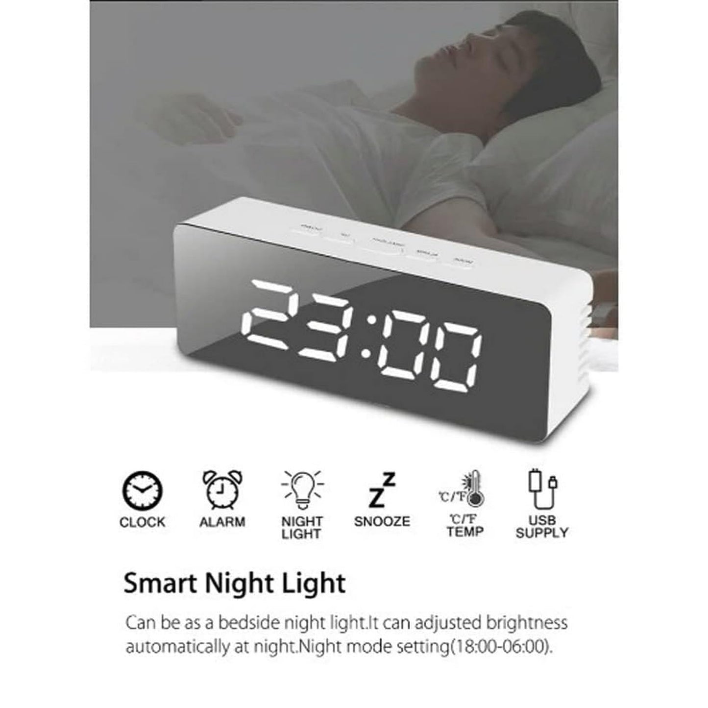 Digital LED Mirror Alarm Clock for Heavy Sleepers Kids Large LED Display with Snooze Time Temperature Function for Bedroom, Office, Travel Battery Powered and USB Power