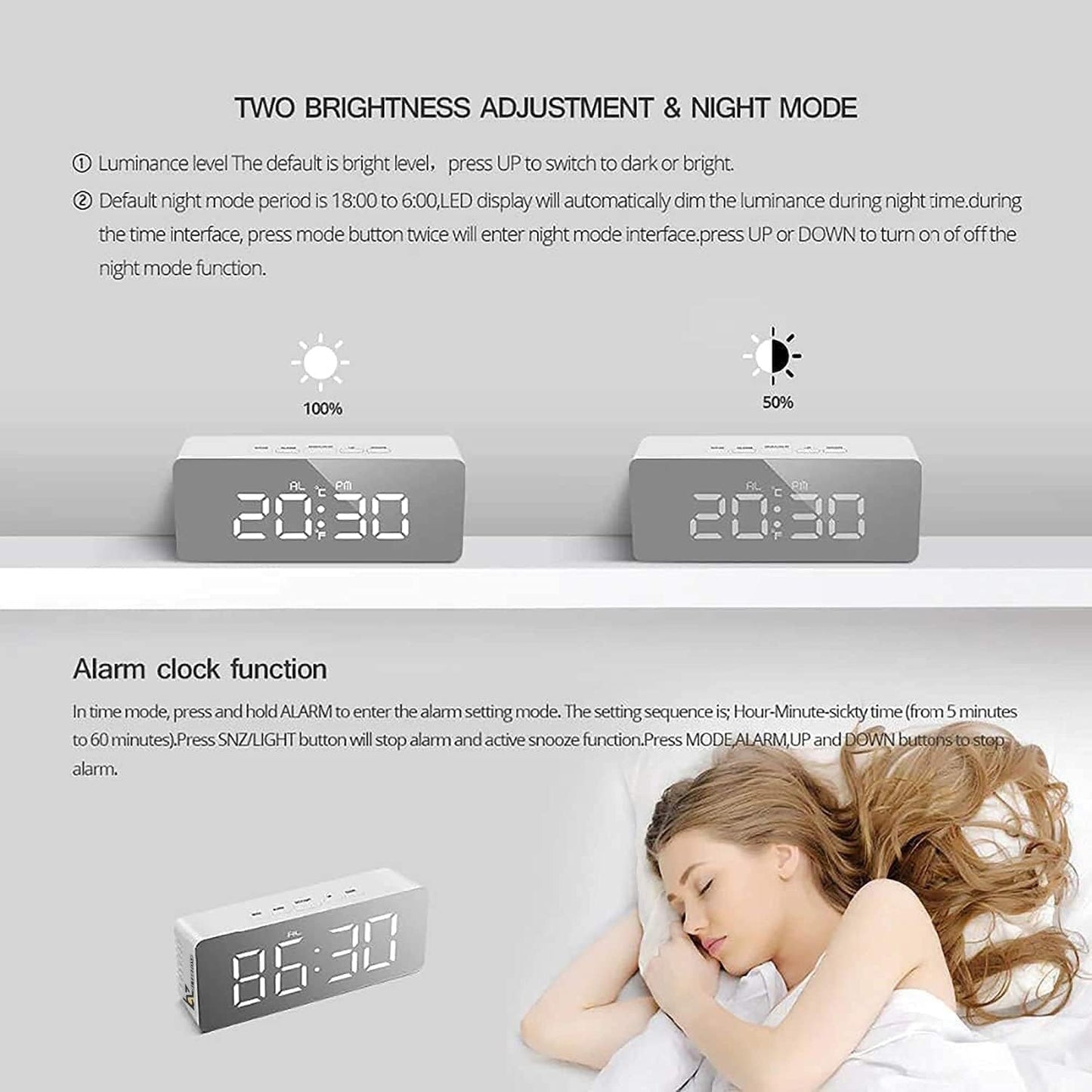 Digital LED Mirror Alarm Clock for Heavy Sleepers Kids Large LED Display with Snooze Time Temperature Function for Bedroom, Office, Travel Battery Powered and USB Power