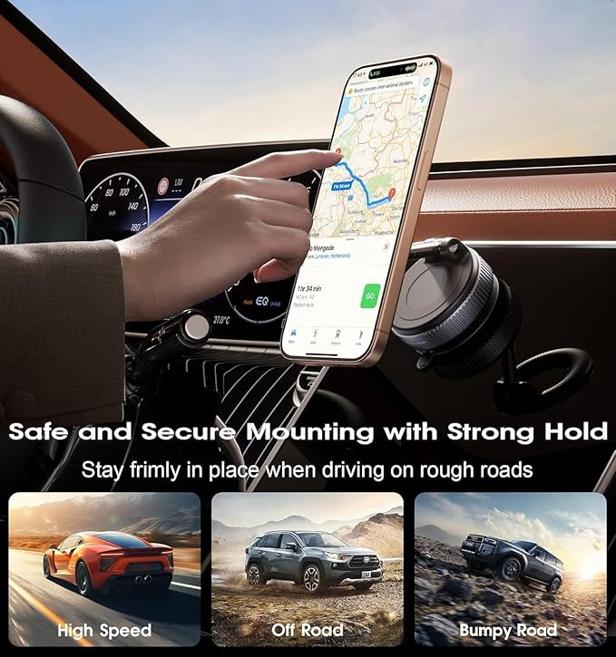 Car Phone Mount, 360-Degree Adjustable Vacuum Suction, Magnetic Phone Holder with Adhesive Disc, Universal Fit for All Mobile Phones