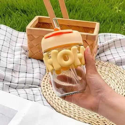 Cute Glass Cup with Straw and Lid, Mason Jar Tumbler for Kids & Teens, Reusable Smoothie Mug with Soft Silicone HOH Design, 350 ml, Ideal for Beverages and Juice