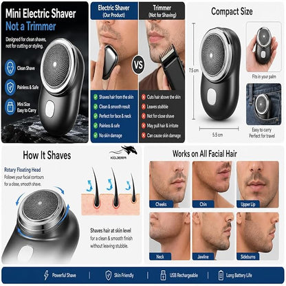 Mini Electric Shaver for Men, USB Rechargeable Portable Face Shaver, Close Skin Shave 0.2mm, Waterproof Pocket Razor for Beard, Mustache & Facial Hair