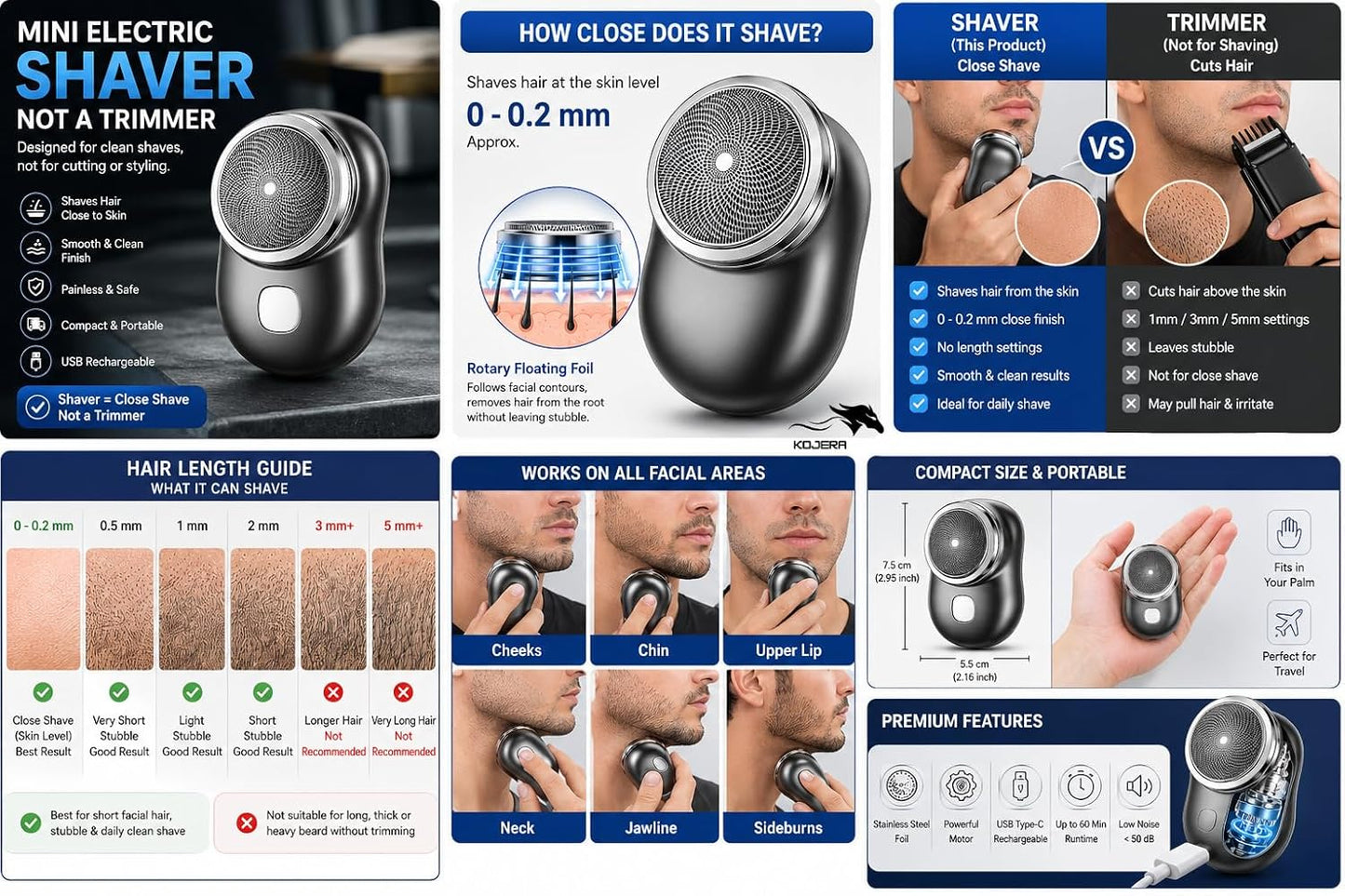 Mini Electric Shaver for Men, USB Rechargeable Portable Face Shaver, Close Skin Shave 0.2mm, Waterproof Pocket Razor for Beard, Mustache & Facial Hair