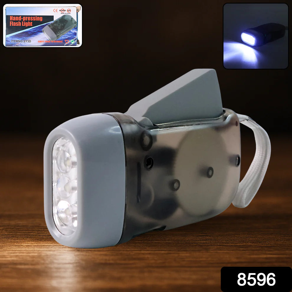Hand Press Rechargeable LED Torch – Battery-Free Self-Charging Flashlight with 3 LED Bulbs & Wrist Strap